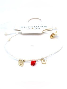 Pura Vida White Braided Bracelet with‎ Red Heart and Gold Charms